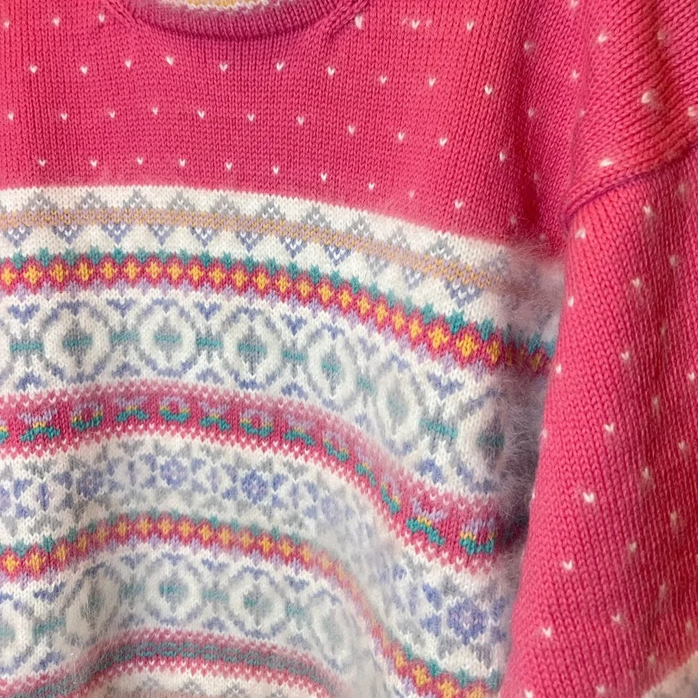 Vintage Marceau Wool Angora Fair‎ Isle Sweater Fuzzy Pink Mustard Cottagecore